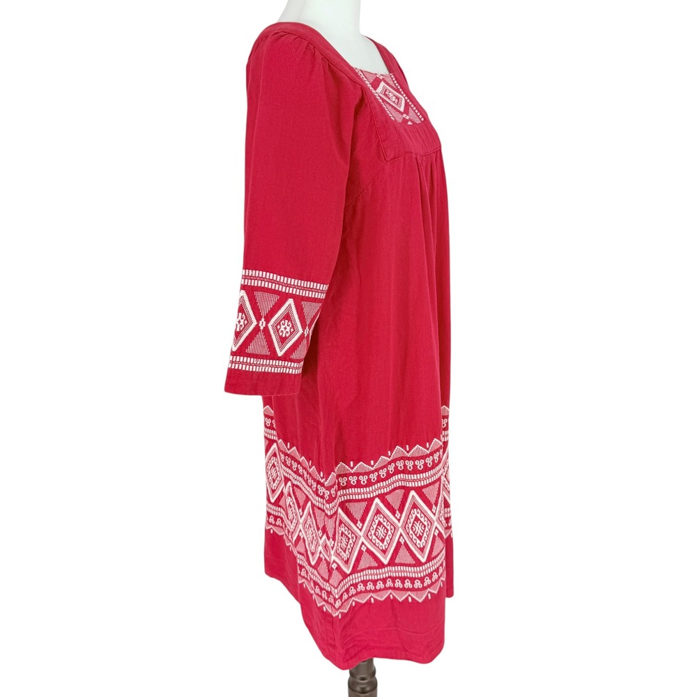 Irene Herbert's VTG 70s Red Cotton Embroidered Boho Midi Dress Square Neck Large - Picture 4 of 8